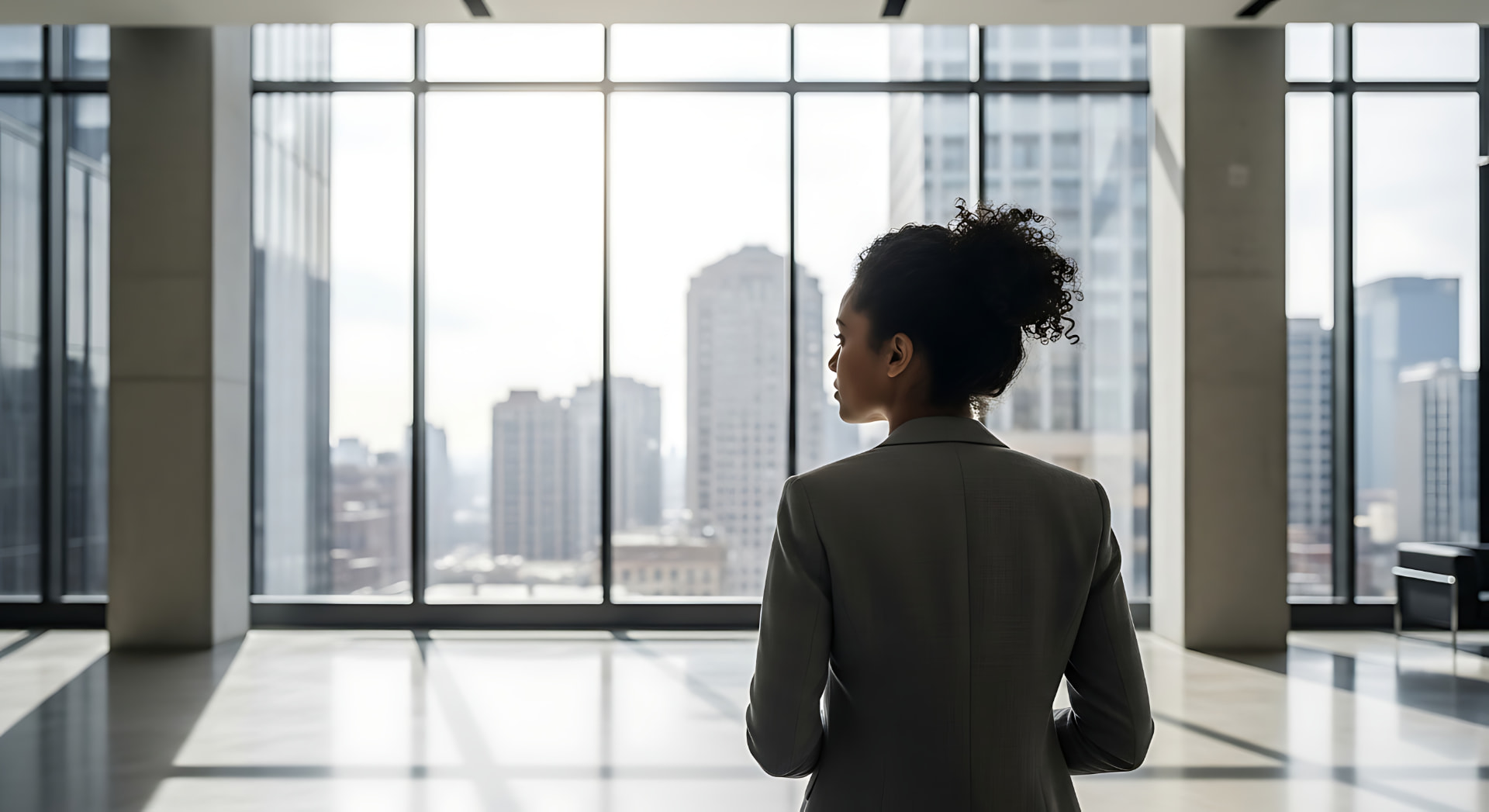 A woman in a suit looking out over the Atlanta skyline from a high-rise office